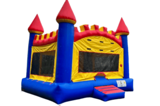 Colorful inflatable castle bounce house with arched top and red spires, ideal for kids' parties and events in Buffalo, NY.