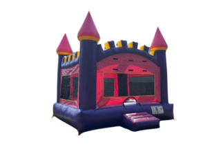 Purple and pink inflatable princess bounce house with castle towers and mesh windows, perfect for kids’ parties in Buffalo, NY.