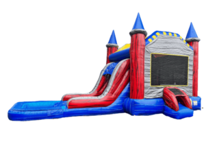 Inflatable castle-themed bounce house with attached water slide and pool, featuring red, gray, and blue colors, available for rent in Buffalo, NY.