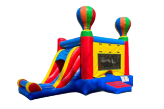 Inflatable hot air balloon-themed bounce house with slide, featuring colorful balloons and vibrant red, yellow, and blue design, ideal for kids’ events in Buffalo, NY.