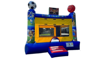 Inflatable sports-themed bounce house with soccer ball, basketball, and scoreboard decorations, perfect for party rentals in Buffalo, NY.