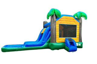 Tropical-themed inflatable bounce house with attached water slide and palm tree design, perfect for summer parties in Buffalo, NY.